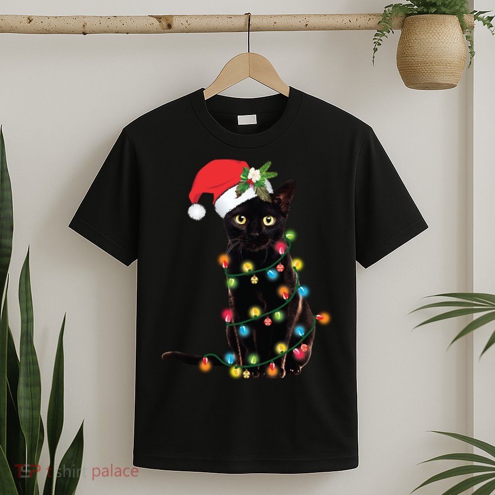 Santa Black Cat Tangled Up In Christmas Tree Lights Holiday Long Sleeve TShirt T-Shirt