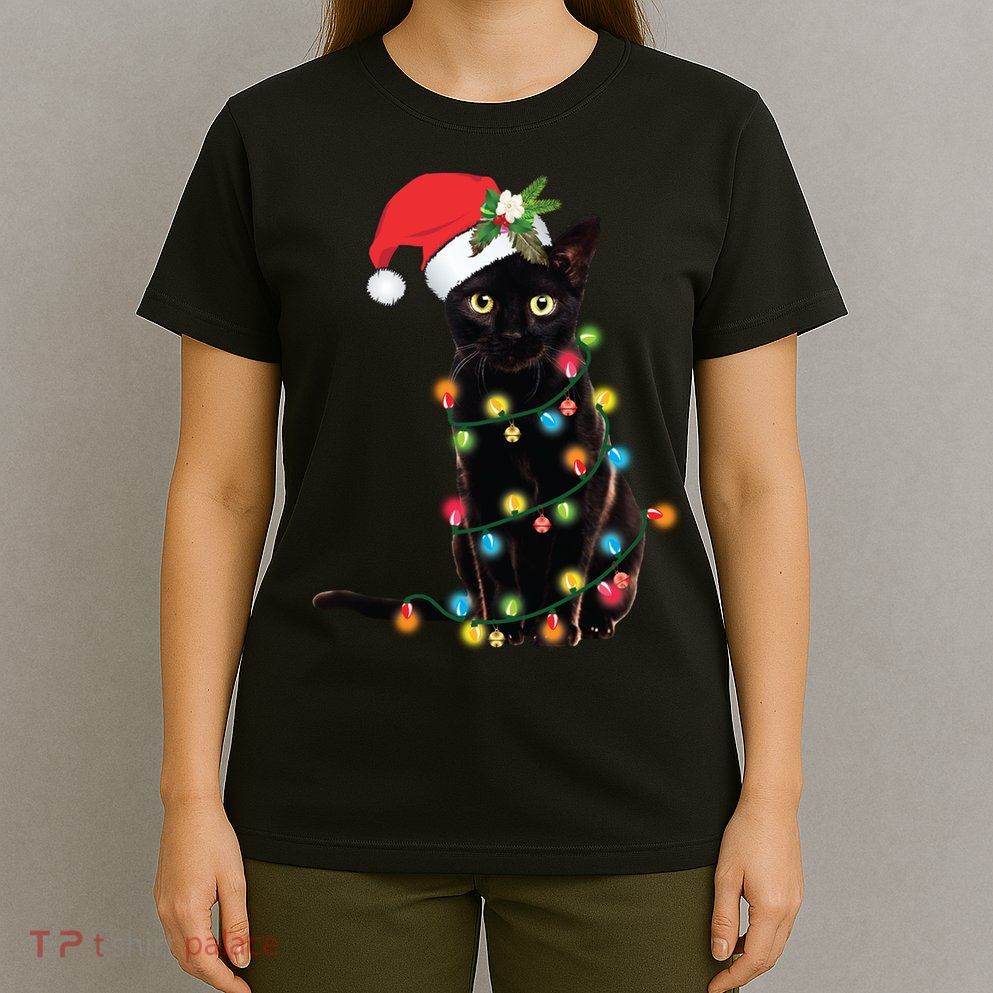 Santa Black Cat Tangled Up In Christmas Tree Lights Holiday Long Sleeve TShirt T-Shirt