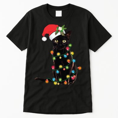 Santa Black Cat Tangled Up In Christmas Tree Lights Holiday Long Sleeve TShirt Tall T-Shirt