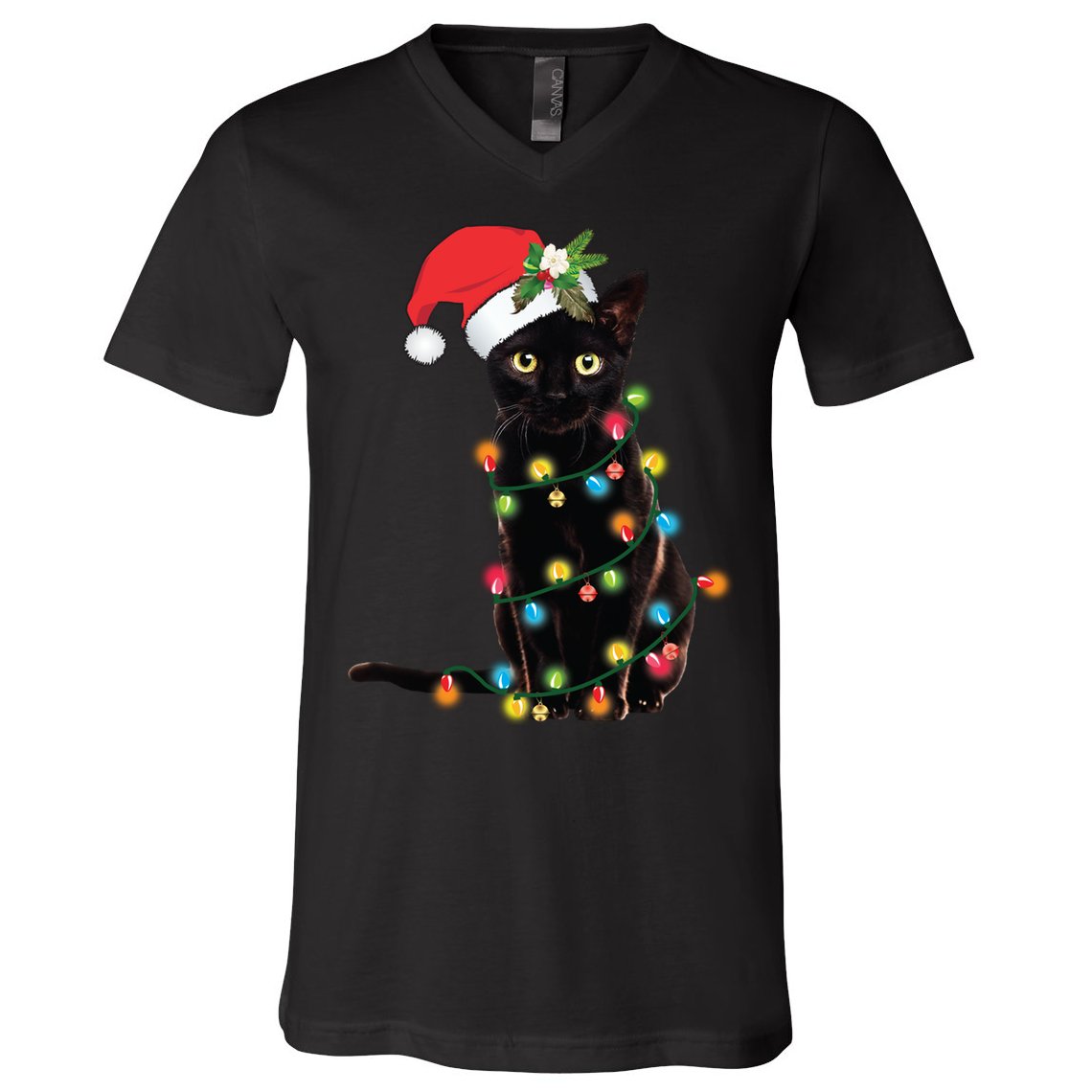Santa Black Cat Tangled Up In Christmas Tree Lights Holiday Long Sleeve TShirt V-Neck T-Shirt