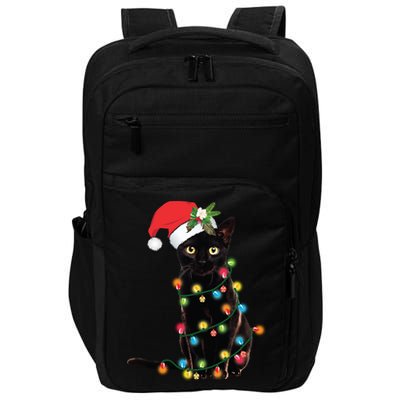 Santa Black Cat Tangled Up In Christmas Tree Lights Holiday Long Sleeve TShirt Impact Tech Backpack