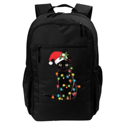 Santa Black Cat Tangled Up In Christmas Tree Lights Holiday Long Sleeve TShirt Backpack