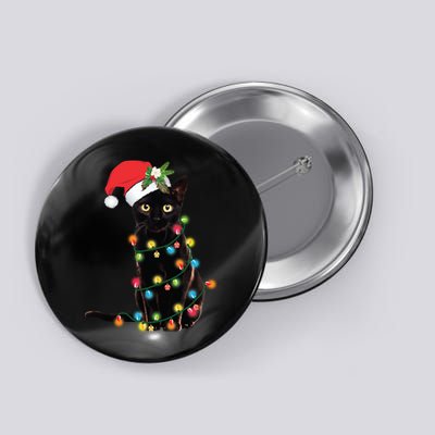 Santa Black Cat Tangled Up In Christmas Tree Lights Holiday Long Sleeve TShirt Button