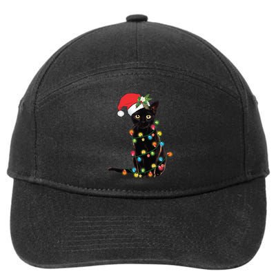 Santa Black Cat Tangled Up In Christmas Tree Lights Holiday Long Sleeve TShirt 7-Panel Snapback Hat