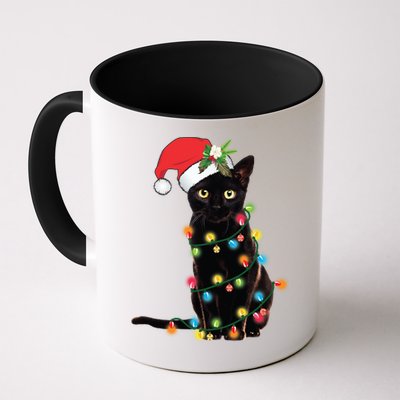 Santa Black Cat Tangled Up In Christmas Tree Lights Holiday Long Sleeve TShirt Mug