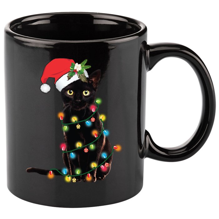 Santa Black Cat Tangled Up In Christmas Tree Lights Holiday Long Sleeve TShirt 11oz C Handle Ceramic Mug