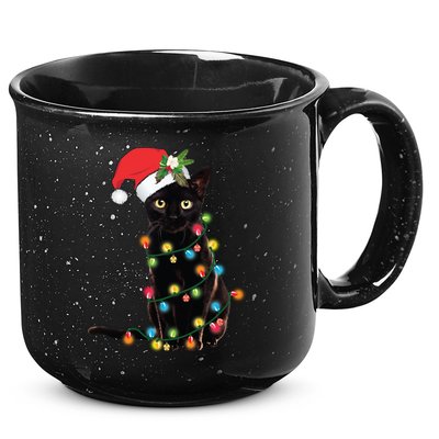 Santa Black Cat Tangled Up In Christmas Tree Lights Holiday Long Sleeve TShirt 15oz Campfire Ceramic Mug
