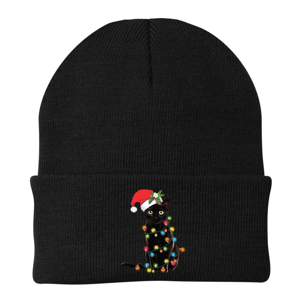 Santa Black Cat Tangled Up In Christmas Tree Lights Holiday Long Sleeve TShirt Beanie