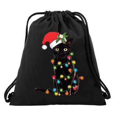 Santa Black Cat Tangled Up In Christmas Tree Lights Holiday Long Sleeve TShirt Drawstring Bag