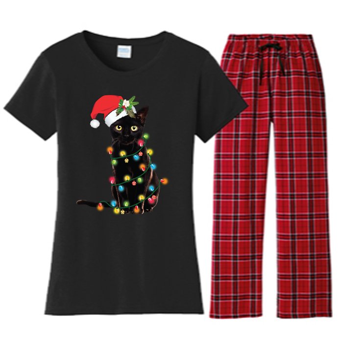 Santa Black Cat Tangled Up In Christmas Tree Lights Holiday Long Sleeve TShirt Women's Flannel Pajama Set