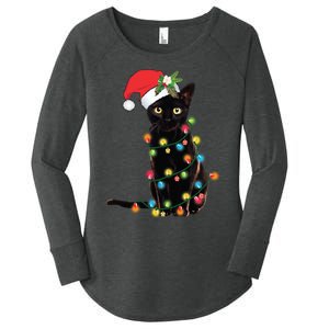 Santa Black Cat Tangled Up In Christmas Tree Lights Holiday Long Sleeve TShirt Women's Perfect Tri Tunic Long Sleeve Shirt