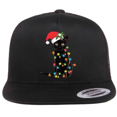 Santa Black Cat Tangled Up In Christmas Tree Lights Holiday Long Sleeve TShirt Flatbill Hat