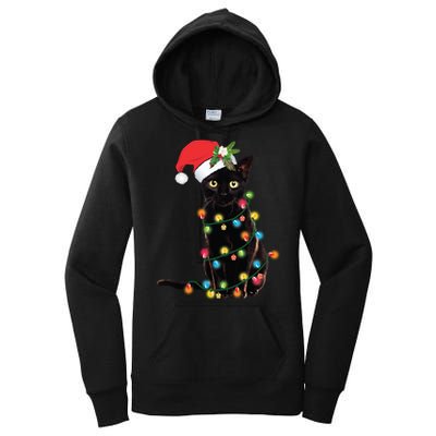 Santa Black Cat Tangled Up In Christmas Tree Lights Holiday Long Sleeve TShirt Women's Pullover Hoodie