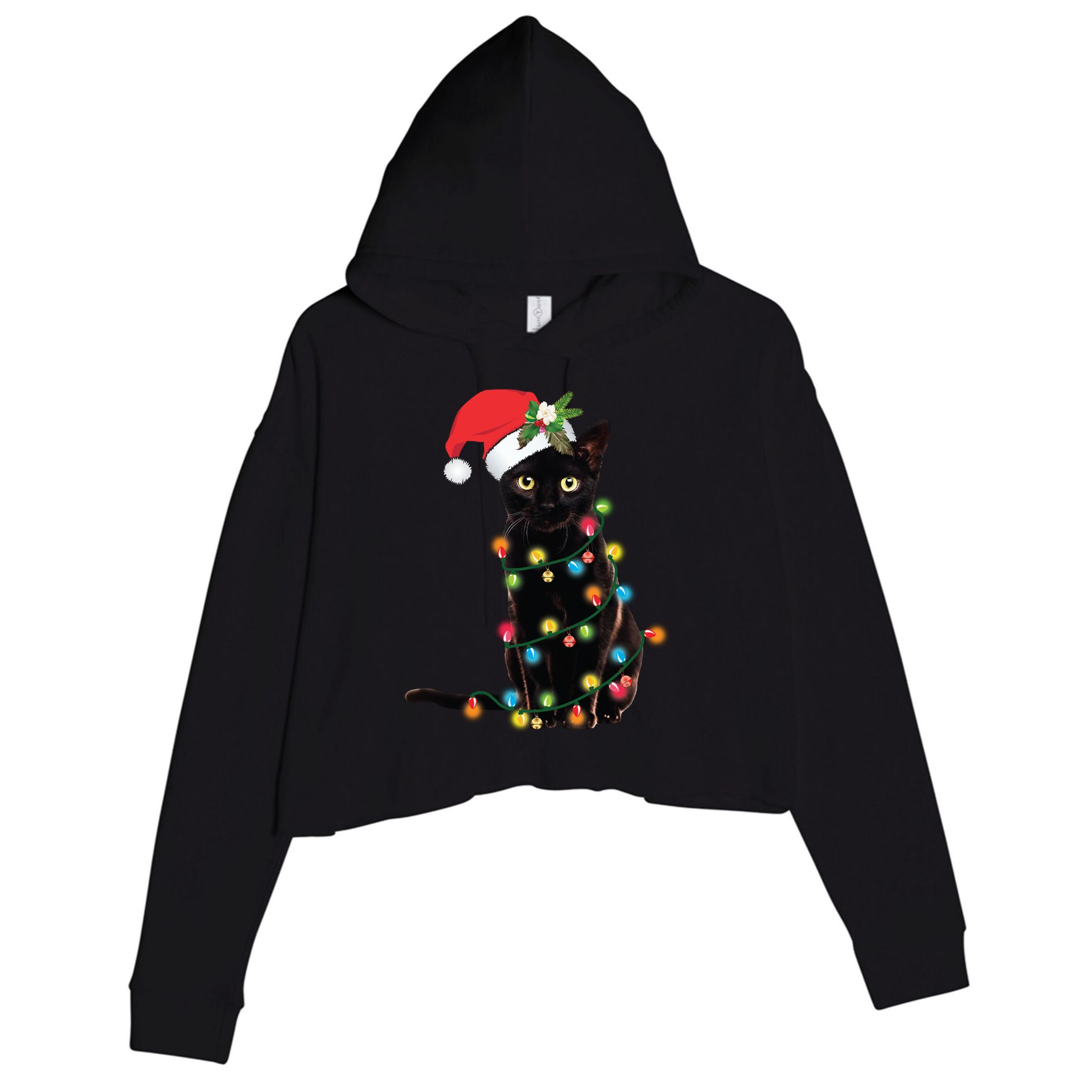 Santa Black Cat Tangled Up In Christmas Tree Lights Holiday Long Sleeve TShirt Crop Fleece Hoodie