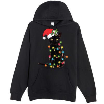 Santa Black Cat Tangled Up In Christmas Tree Lights Holiday Long Sleeve TShirt Premium Pullover Hoodie
