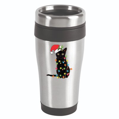 Santa Black Cat Tangled Up In Christmas Tree Lights Holiday Long Sleeve TShirt 16oz Travel Tumbler