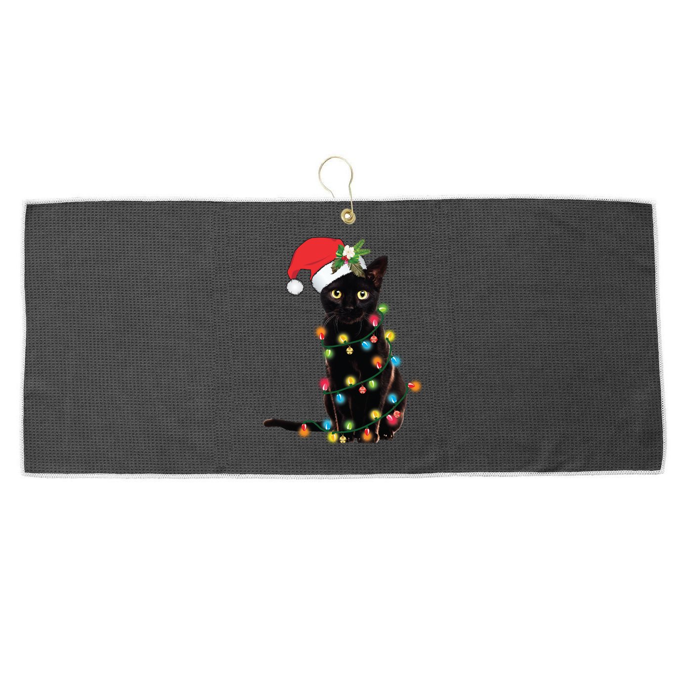 Santa Black Cat Tangled Up In Christmas Tree Lights Holiday Long Sleeve TShirt Large Microfiber Waffle Golf Towel