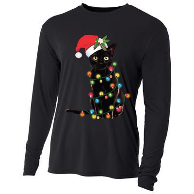Santa Black Cat Tangled Up In Christmas Tree Lights Holiday Long Sleeve TShirt Cooling Performance Long Sleeve Crew