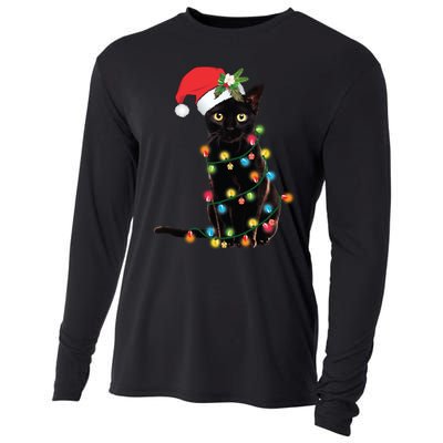 Santa Black Cat Tangled Up In Christmas Tree Lights Holiday Long Sleeve TShirt Cooling Performance Long Sleeve Crew