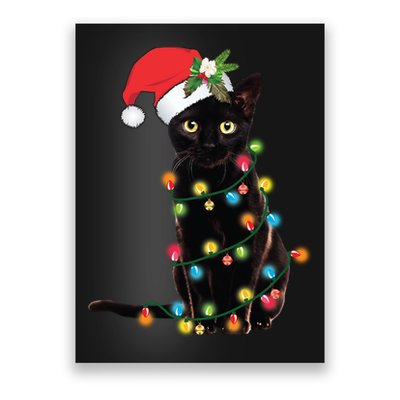 Santa Black Cat Tangled Up In Christmas Tree Lights Holiday Long Sleeve TShirt Poster