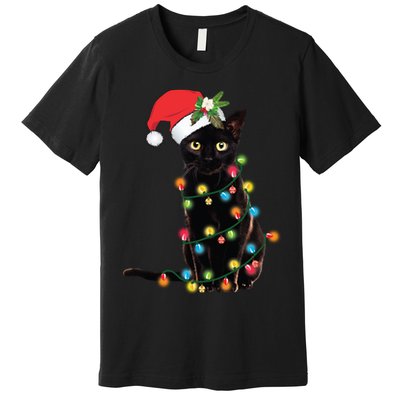 Santa Black Cat Tangled Up In Christmas Tree Lights Holiday Long Sleeve TShirt Premium T-Shirt
