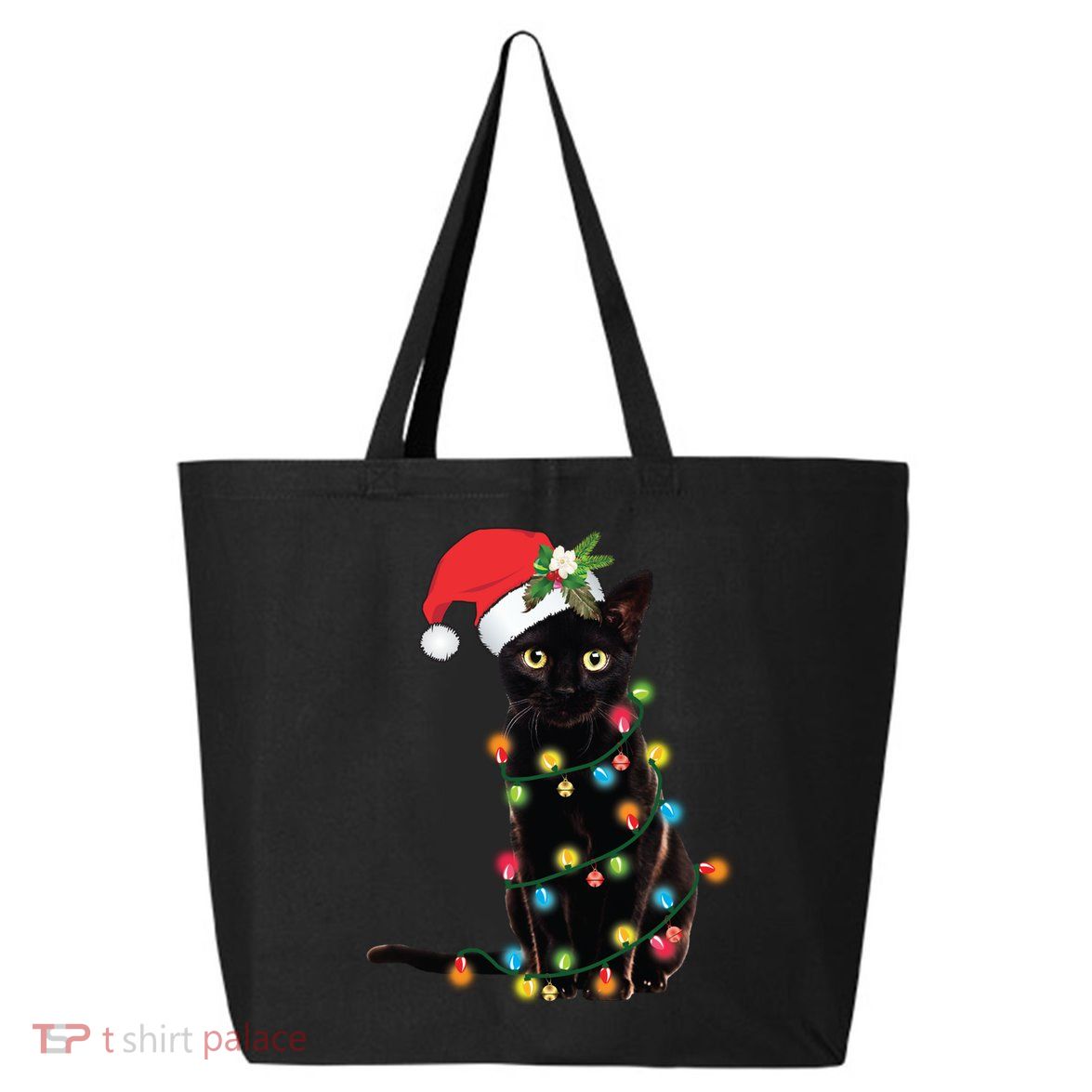 Santa Black Cat Tangled Up In Christmas Tree Lights Holiday Long Sleeve TShirt 25L Jumbo Tote