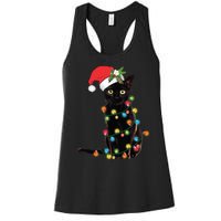 Santa Black Cat Tangled Up In Christmas Tree Lights Holiday Long Sleeve TShirt Women's Racerback Tank