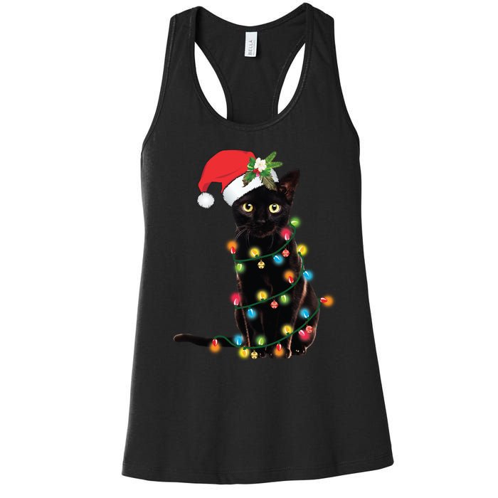 Santa Black Cat Tangled Up In Christmas Tree Lights Holiday Long Sleeve TShirt Women's Racerback Tank