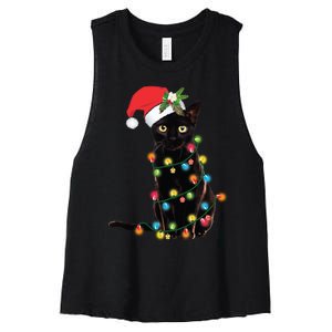 Santa Black Cat Tangled Up In Christmas Tree Lights Holiday Long Sleeve TShirt Women's Racerback Cropped Tank