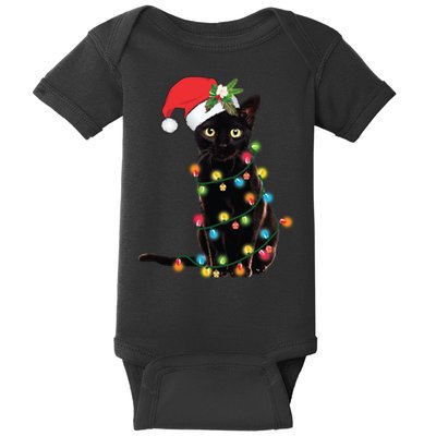 Santa Black Cat Tangled Up In Christmas Tree Lights Holiday Long Sleeve TShirt Baby Bodysuit