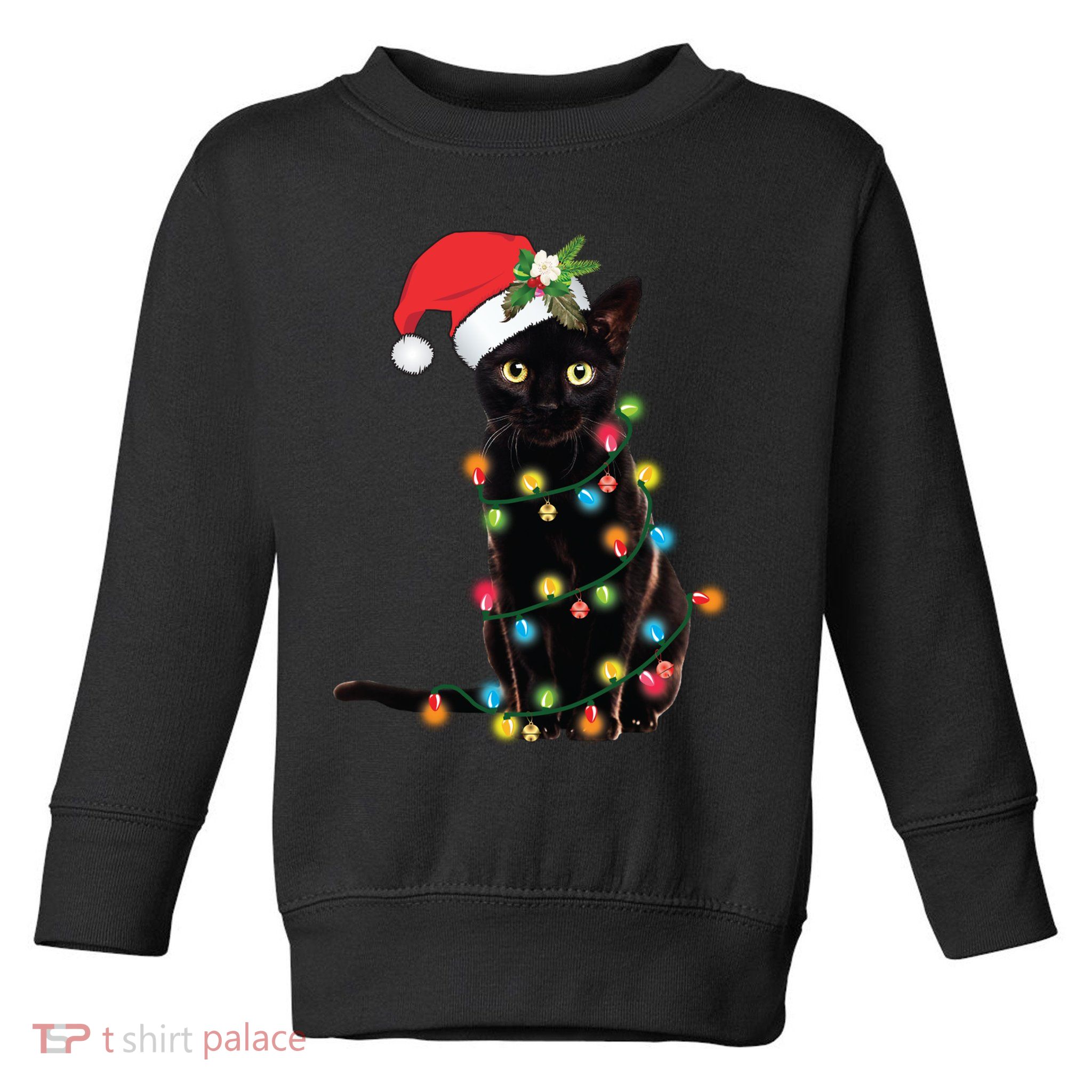Santa Black Cat Tangled Up In Christmas Tree Lights Holiday Long Sleeve TShirt Toddler Sweatshirt