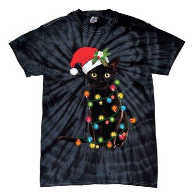 Santa Black Cat Tangled Up In Christmas Tree Lights Holiday Long Sleeve TShirt Tie-Dye T-Shirt