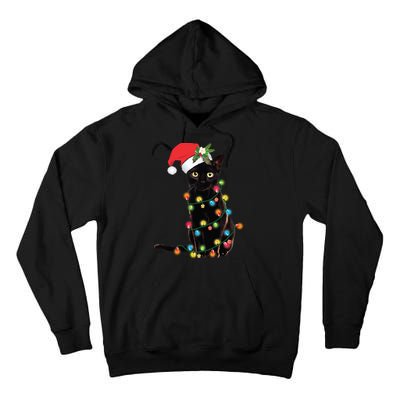Santa Black Cat Tangled Up In Christmas Tree Lights Holiday Long Sleeve TShirt Tall Hoodie