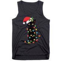 Santa Black Cat Tangled Up In Christmas Tree Lights Holiday Long Sleeve TShirt Tank Top