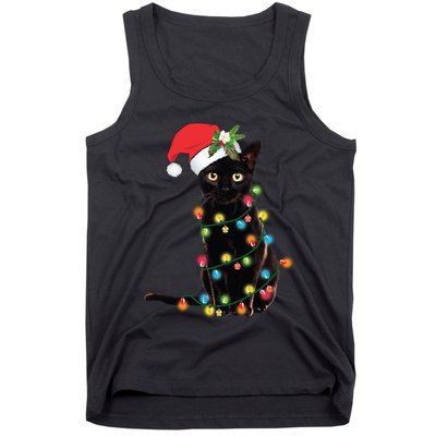 Santa Black Cat Tangled Up In Christmas Tree Lights Holiday Long Sleeve TShirt Tank Top