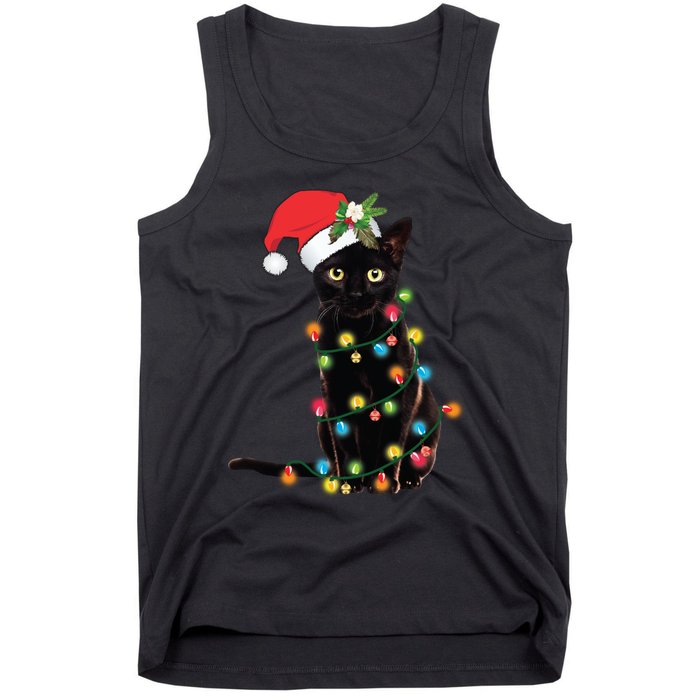 Santa Black Cat Tangled Up In Christmas Tree Lights Holiday Long Sleeve TShirt Tank Top