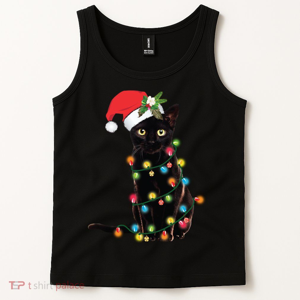 Santa Black Cat Tangled Up In Christmas Tree Lights Holiday Long Sleeve TShirt Tank Top