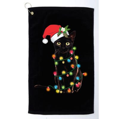 Santa Black Cat Tangled Up In Christmas Tree Lights Holiday Long Sleeve TShirt Golf Towel