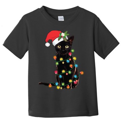 Santa Black Cat Tangled Up In Christmas Tree Lights Holiday Long Sleeve TShirt Toddler T-Shirt