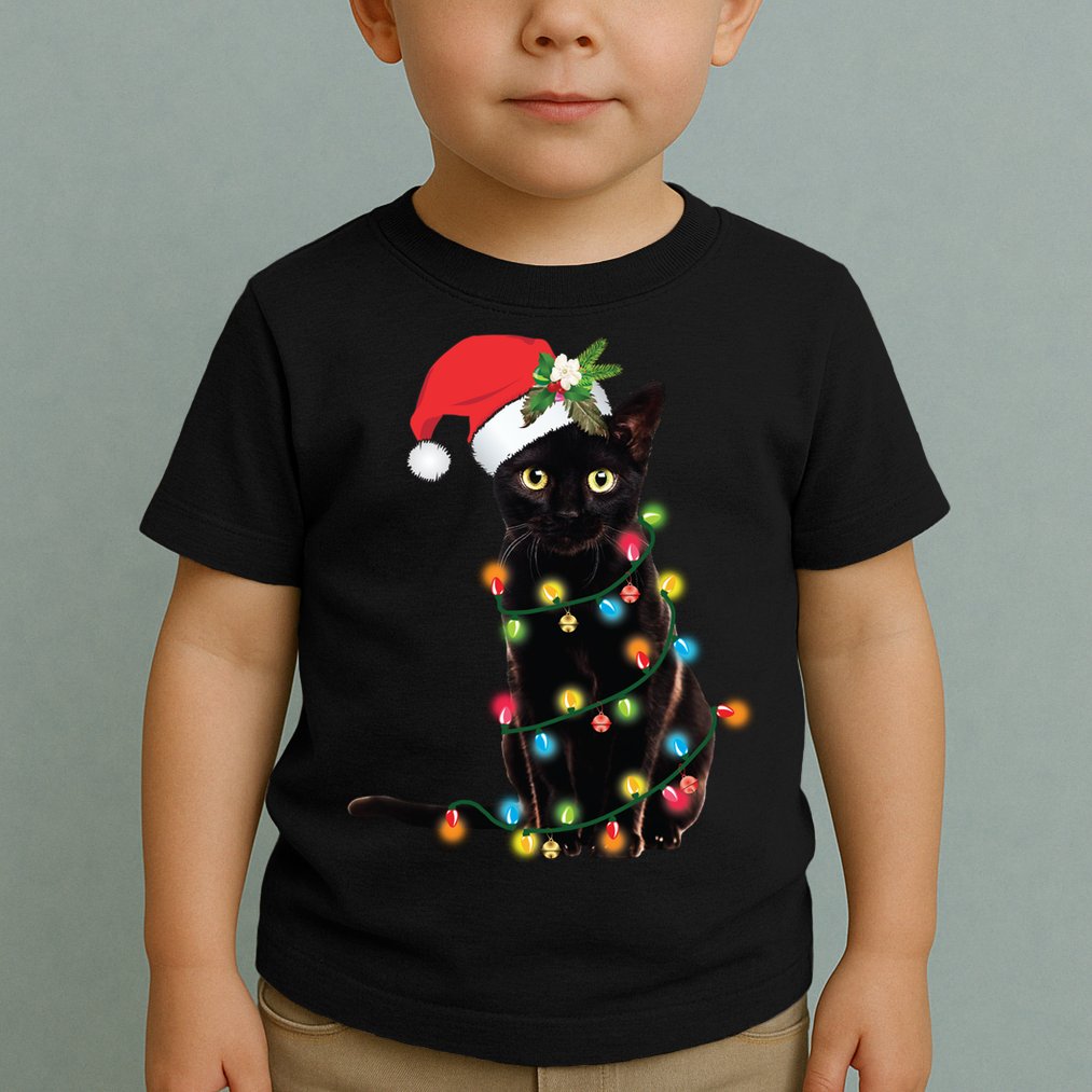 Santa Black Cat Tangled Up In Christmas Tree Lights Holiday Long Sleeve TShirt Toddler T-Shirt