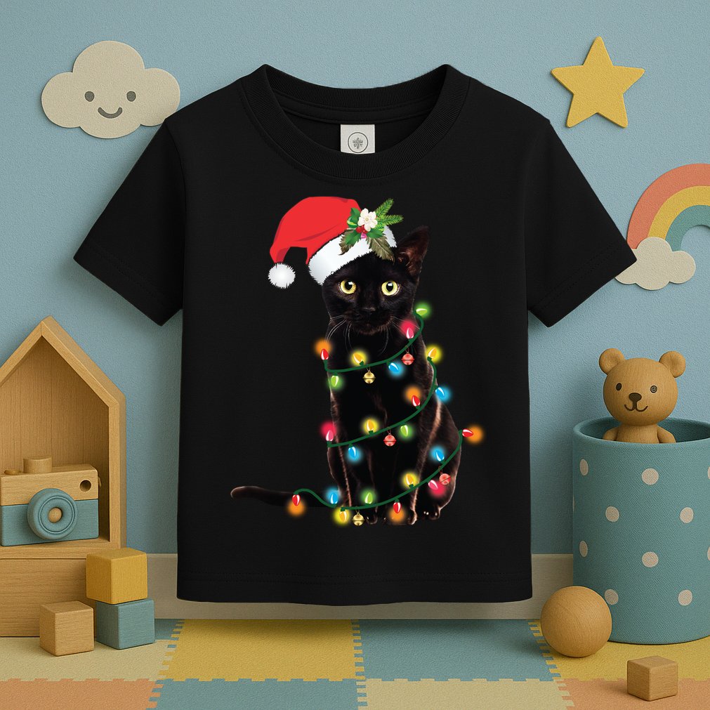 Santa Black Cat Tangled Up In Christmas Tree Lights Holiday Long Sleeve TShirt Toddler T-Shirt