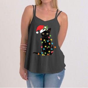 Santa Black Cat Tangled Up In Christmas Tree Lights Holiday Long Sleeve TShirt Women's Strappy Tank