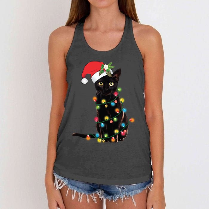 Santa Black Cat Tangled Up In Christmas Tree Lights Holiday Long Sleeve TShirt Women's Knotted Racerback Tank