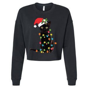 Santa Black Cat Tangled Up In Christmas Tree Lights Holiday Long Sleeve TShirt Cropped Pullover Crew