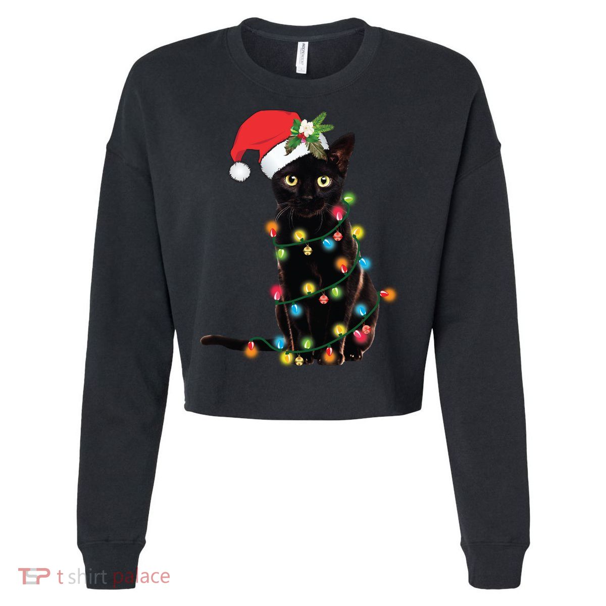 Santa Black Cat Tangled Up In Christmas Tree Lights Holiday Long Sleeve TShirt Cropped Pullover Crew