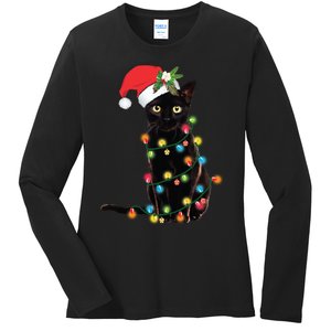 Santa Black Cat Tangled Up In Christmas Tree Lights Holiday Long Sleeve TShirt Ladies Long Sleeve Shirt