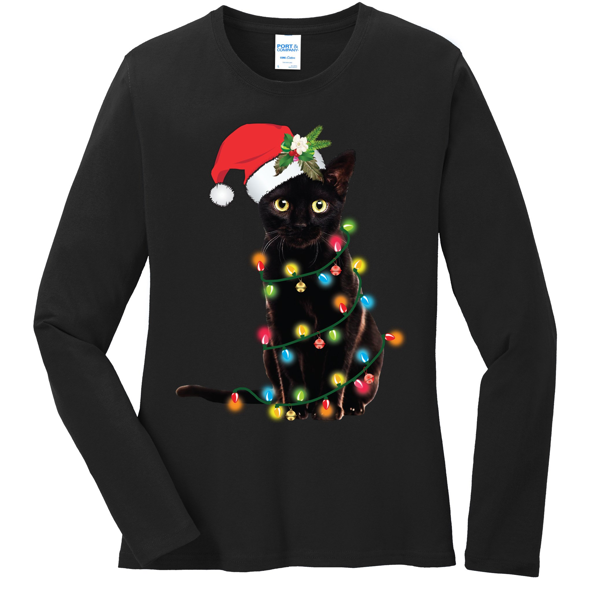 Santa Black Cat Tangled Up In Christmas Tree Lights Holiday Long Sleeve TShirt Ladies Long Sleeve Shirt