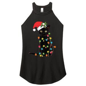 Santa Black Cat Tangled Up In Christmas Tree Lights Holiday Long Sleeve TShirt Women's Perfect Tri Rocker Tank