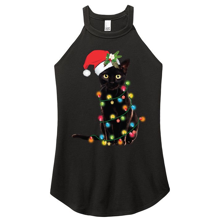 Santa Black Cat Tangled Up In Christmas Tree Lights Holiday Long Sleeve TShirt Women's Perfect Tri Rocker Tank