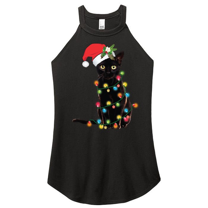 Santa Black Cat Tangled Up In Christmas Tree Lights Holiday Long Sleeve TShirt Women's Perfect Tri Rocker Tank